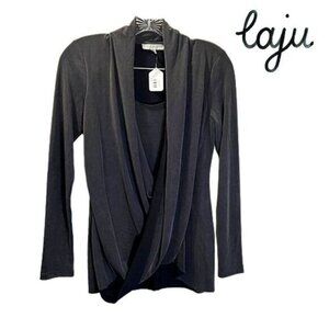 laju Deep‎ V-Neck Long Sleeve Wrap Front Loose Sweater Pullover Tops NWT
